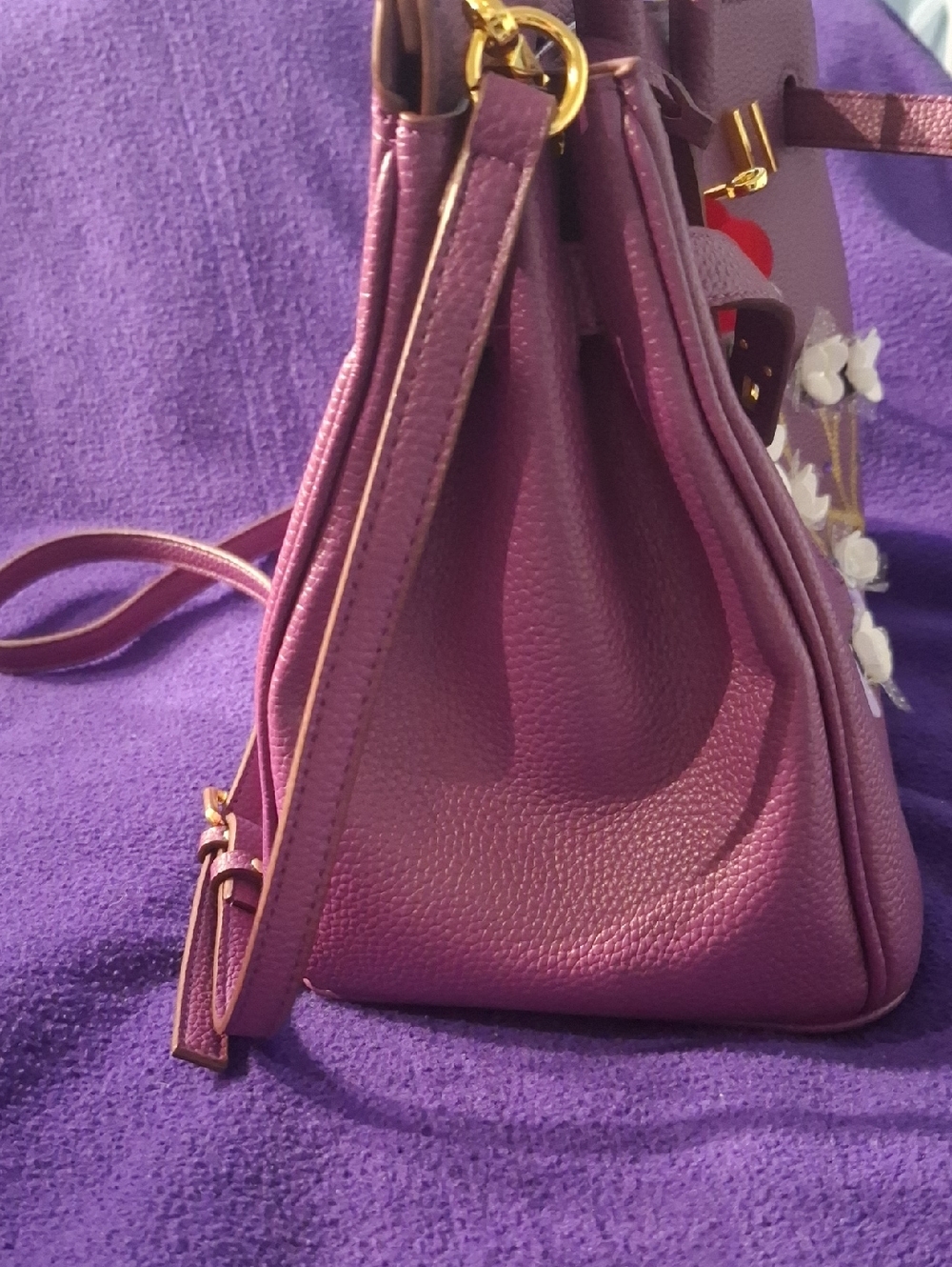 Purple Floral Embellished Satchel Handbag - Picture 3 of 7